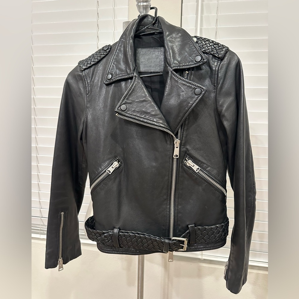ALLSAINTS Black Leather Biker Jacket – Size US 2 / Small